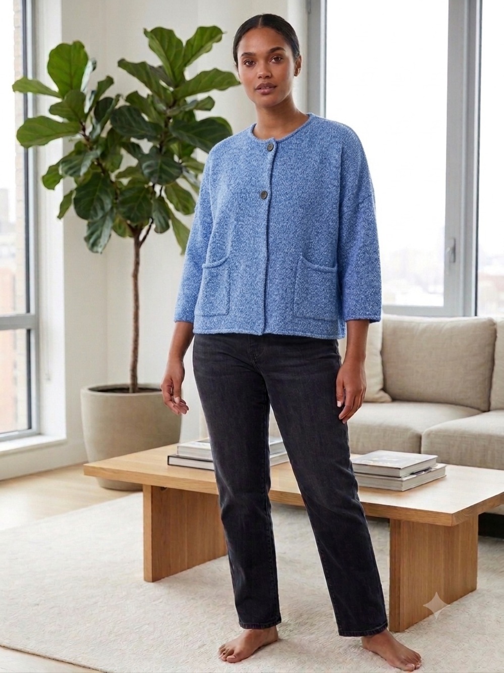 ESKANDAR Wool Cashmere Hand Loomed Blue Bouclé Button-Front Cardigan Jacket